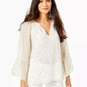 Lilly Pulitzer Matilda Silk Top Gold Polka Dot Metallic Blouse Sz XL Bell Sleeve